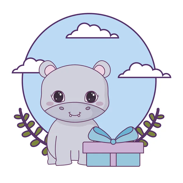 Lindo animal hipopótamo con caja de regalo — Vector de stock