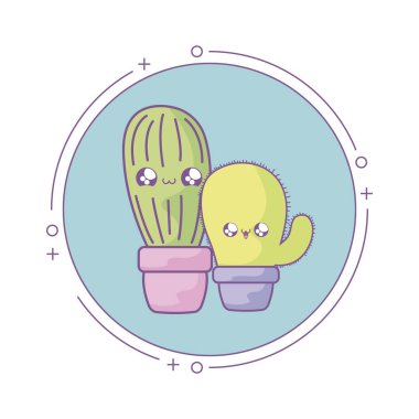kare dairesel kawaii tarzında kaktüs tropikal kümesi