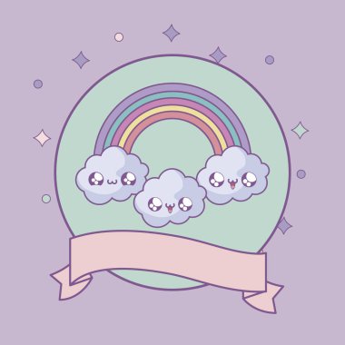 şerit kawaii tarzı ile çerçeve dairesel gökkuşağı ve bulutlar