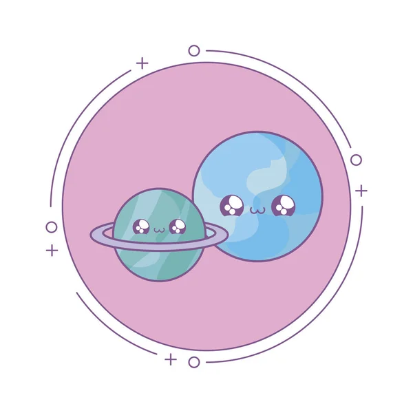 Wereld met planeet Saturnus in frame circulaire kawaii stijl — Stockvector