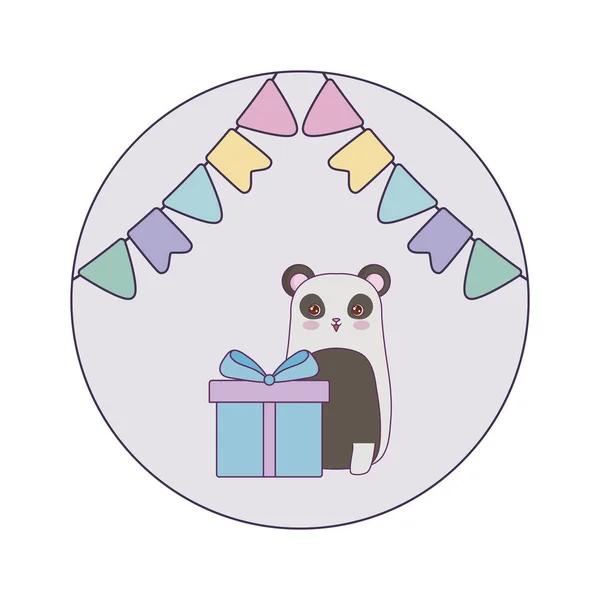 Oso panda animal con caja de regalo y guirnaldas — Vector de stock