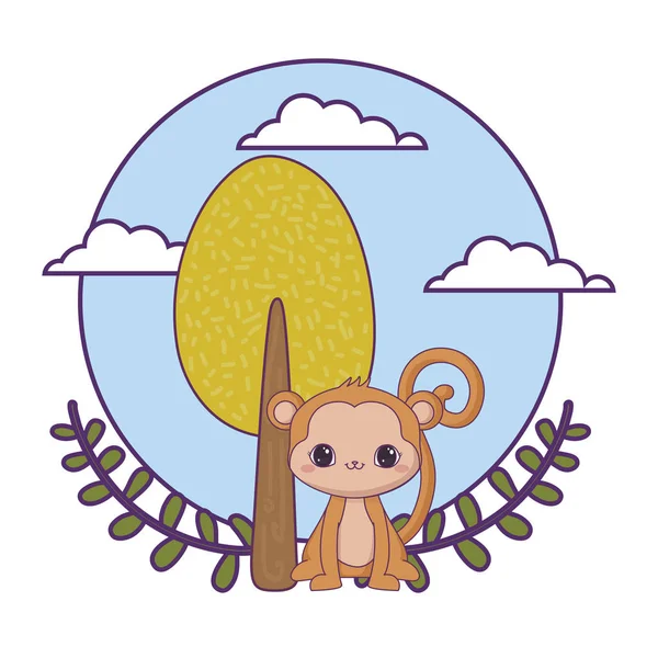Drăguț animal maimuță cu copac plante natura — Vector de stoc
