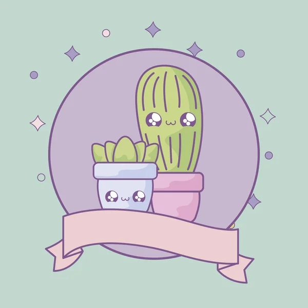 Cactus con planta en marco circular con cinta estilo kawaii — Vector de stock