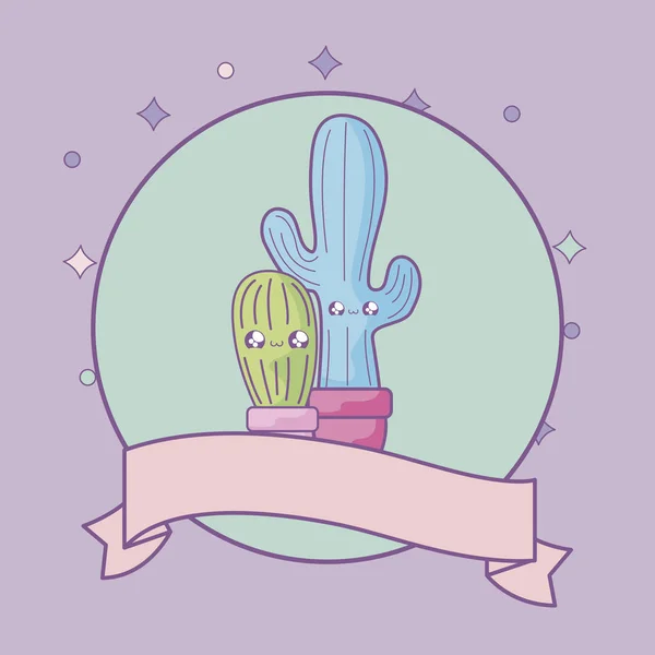 Cactus tropicals en marco circular con cinta estilo kawaii — Vector de stock