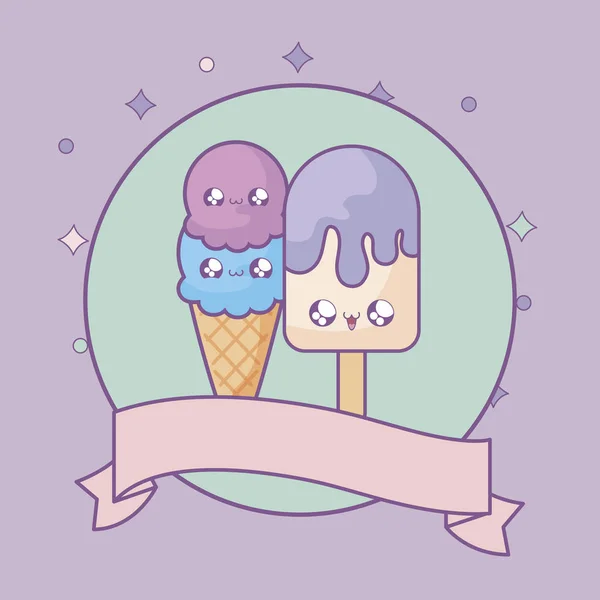 Helados en marco circular con cinta estilo kawaii — Archivo Imágenes Vectoriales