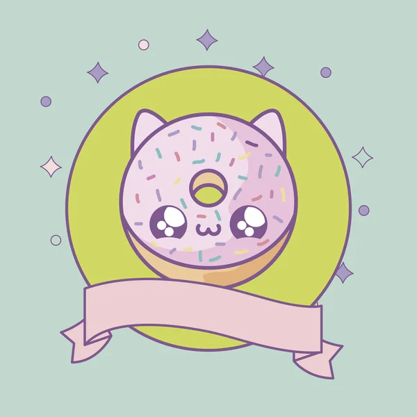 Donut mit Gesicht Katze im Rahmen kreisförmig und Band Kawaii-Stil — Stockvektor