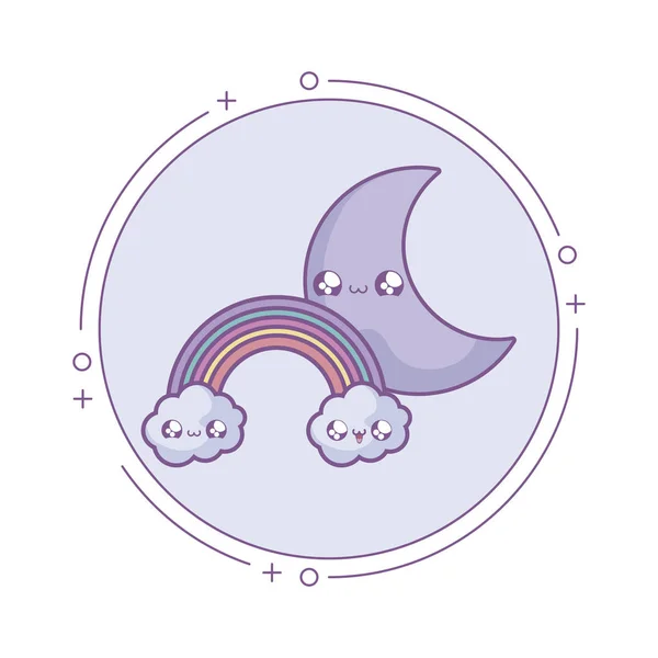 Linda luna con arco iris en marco circular estilo kawaii — Archivo Imágenes Vectoriales