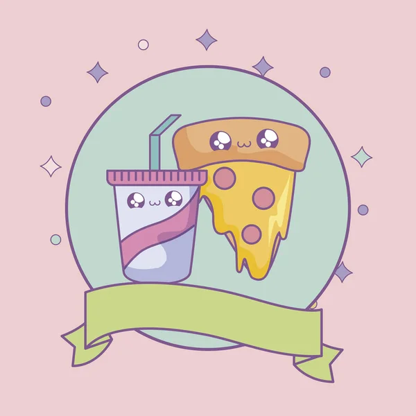 Rebanada de pizza y bebida en marco circular con cinta estilo kawaii — Vector de stock