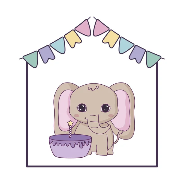 Elefante lindo con pastel cumpleaños y guirnaldas — Vector de stock