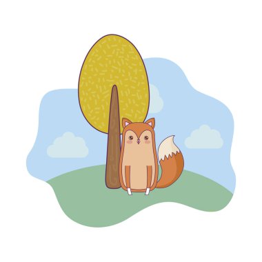 manzara ağaç bitki ile sevimli tilki hayvan