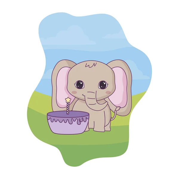 誕生日のケーキとかわいい象の動物 — ストックベクタ