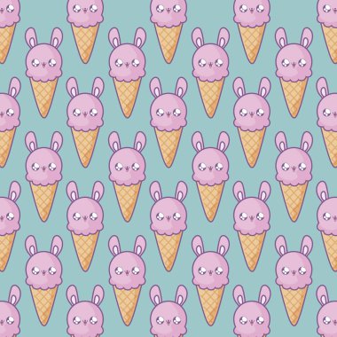 yüz tavşan kawaii tarzı ile lezzetli dondurmaların deseni