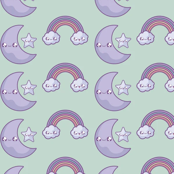 Muster des Regenbogens mit Wolken und Mond-Kawaii-Stil — Stockvektor