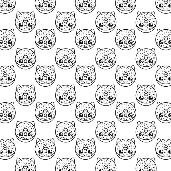 Pattern of delicious donuts with face cat kawaii style — Stock Vector