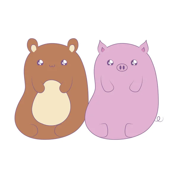 Drăguț urs cu pui de porc animale kawaii stil — Vector de stoc