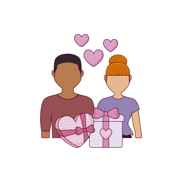 Jóvenes amantes de la pareja con corazones e iconos — Vector de stock