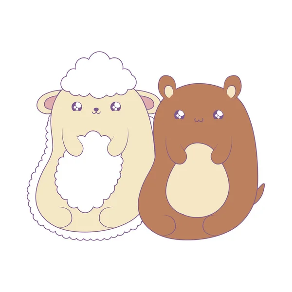 Lindo ovejas con oso bebé animales kawaii estilo — Archivo Imágenes Vectoriales