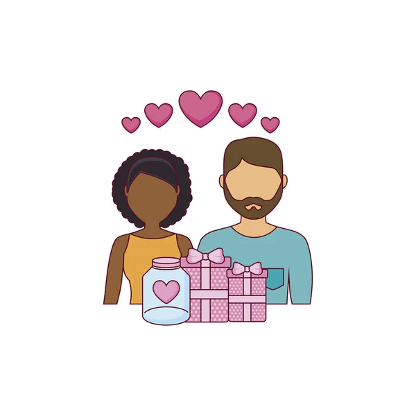 Jóvenes amantes de la pareja con corazones e iconos — Vector de stock