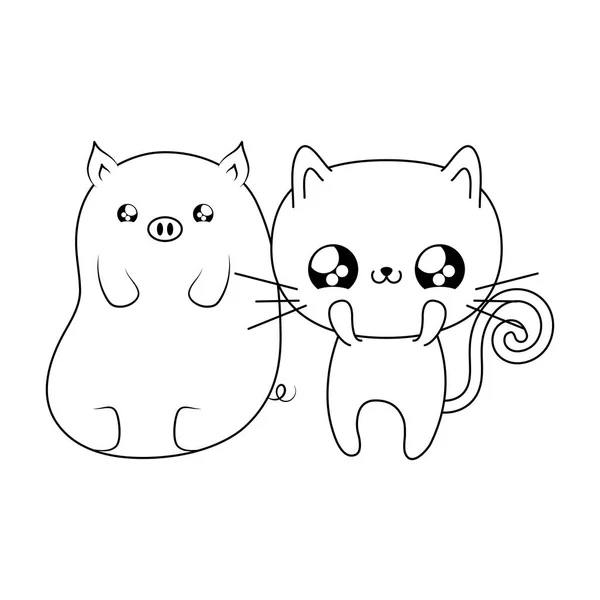 Cute kucing dengan piggy bayi hewan kawaii gaya - Stok Vektor
