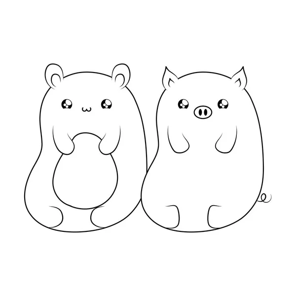 Drăguț urs cu pui de porc animale kawaii stil — Vector de stoc