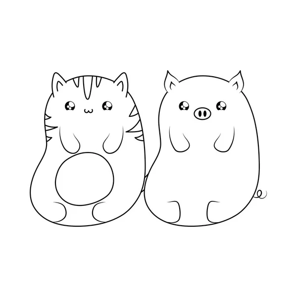 Lindo gato con piggy bebé animales kawaii estilo — Vector de stock