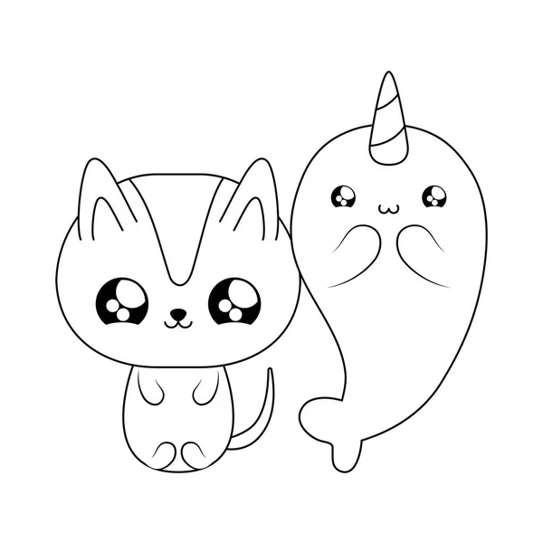 Schattig narwal met kat baby dieren kawaii stijl — Stockvector