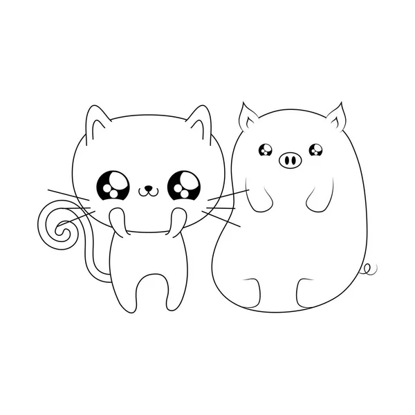 Carino gatto con maialino bambino animali kawaii stile — Vettoriale Stock