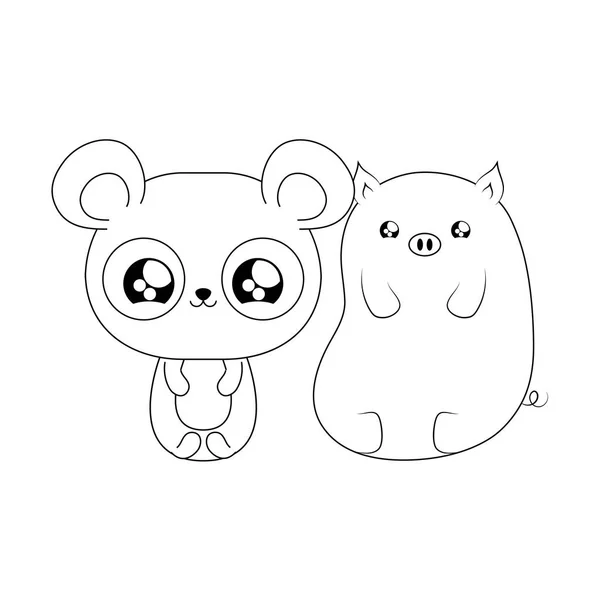 Schattig Piggy met Panda Bear baby dieren kawaii stijl — Stockvector