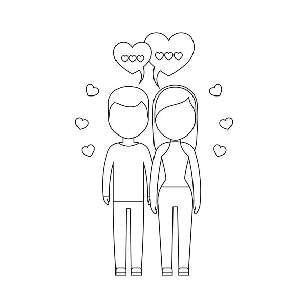 Young couple lovers with speech bubbles and hearts — Stock Vector