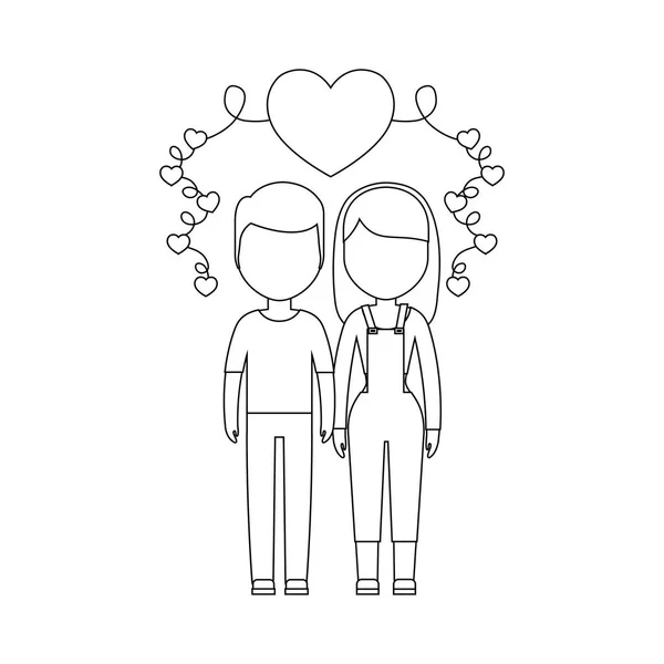 Jeune couple amoureux avec des cœurs décoration — Image vectorielle