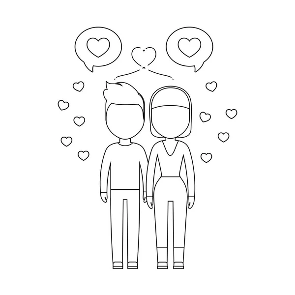 Young couple lovers with speech bubbles and hearts — Stock Vector