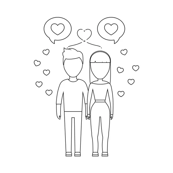 Jeunes amoureux de couple avec des bulles d'expression et des cœurs — Image vectorielle