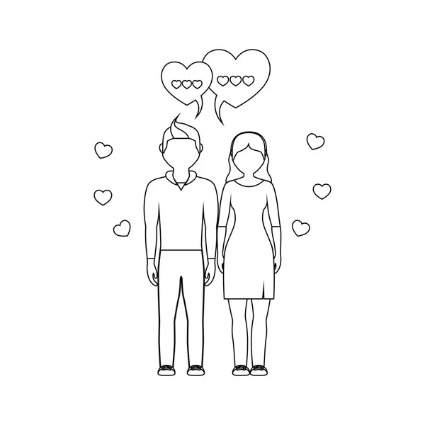 Young couple lovers with speech bubbles and hearts — Stock Vector
