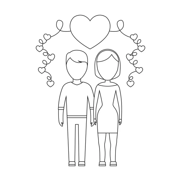 Jovem casal amantes com corações decoração — Vetor de Stock