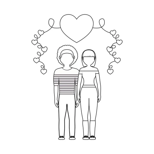 Young couple lovers with hearts decoration — Stock Vector