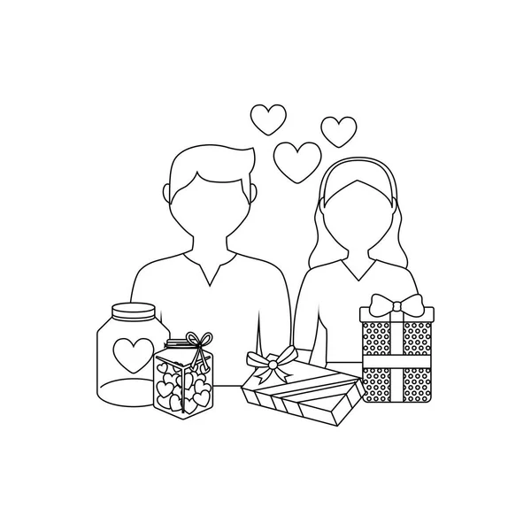 Jóvenes amantes de la pareja con corazones e iconos — Vector de stock