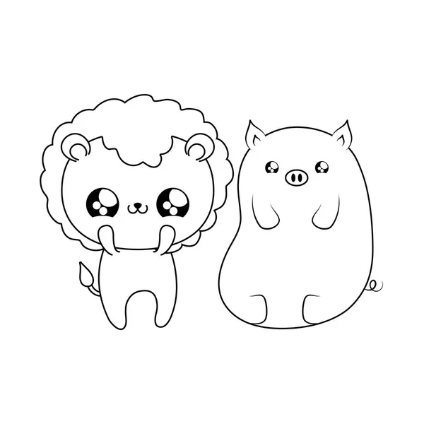 Lindo león con cerdito bebé animales kawaii estilo — Archivo Imágenes Vectoriales