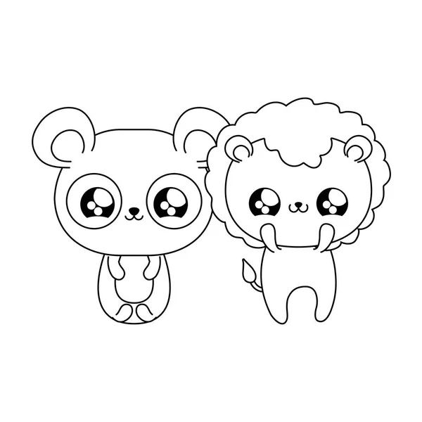 Lindo león con panda oso bebé animales kawaii estilo — Archivo Imágenes Vectoriales