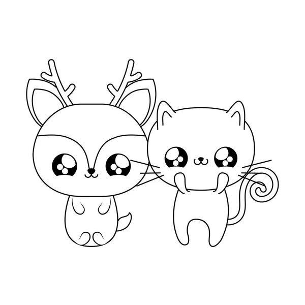 Schattig Rendier met kat baby dieren kawaii stijl — Stockvector