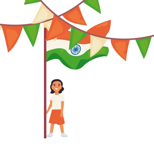 Mujer joven con bandera india día de la independencia — Vector de stock