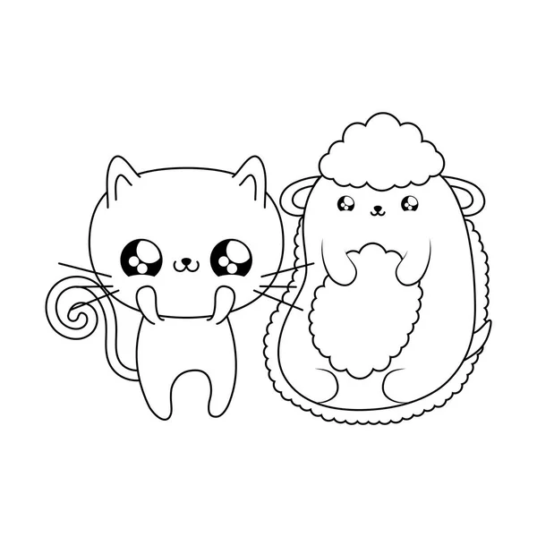 Sladká kočka s ovcemi Baby zvířata kawaii styl — Stockový vektor