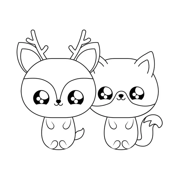 Niedlicher Fuchs mit Rentierbabys kawaii style — Stockvektor