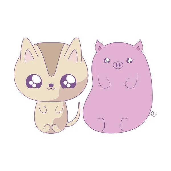 Schattige kat met Piggy baby dieren kawaii stijl — Stockvector