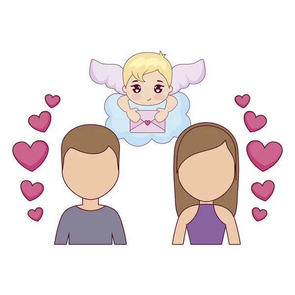 Young couple lovers with cupid and hearts — Stock Vector