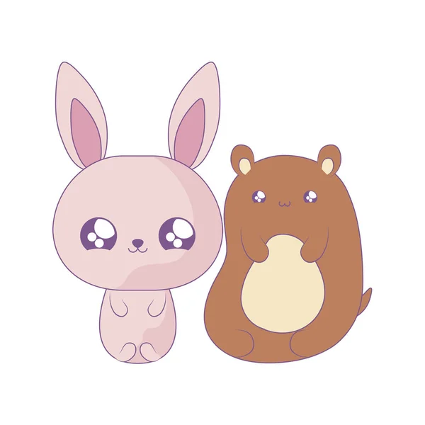可爱的熊与兔子宝宝动物卡瓦伊风格 — 图库矢量图片