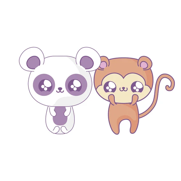 Oso panda con mono bebé animales estilo kawaii — Vector de stock