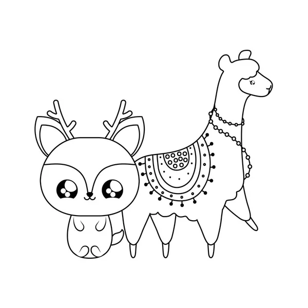 Lindo reno con alpaca bebé animales kawaii estilo — Vector de stock