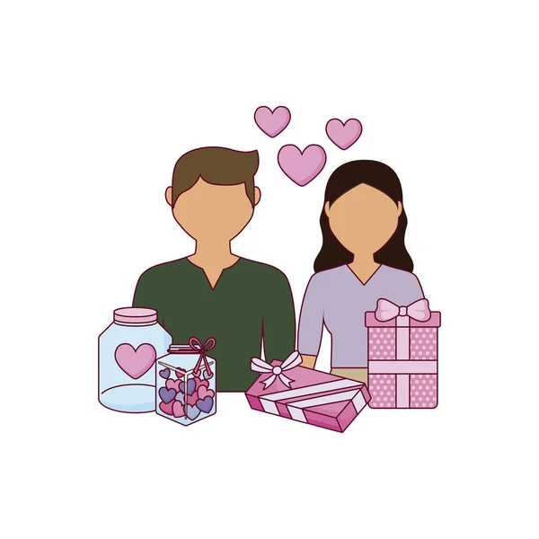 Jong paar liefhebbers met harten en iconen — Stockvector
