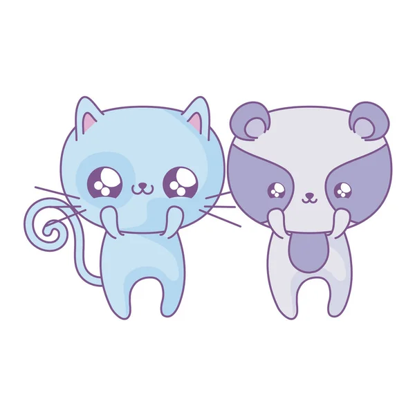 Lindo gato con mapache bebé animales kawaii estilo — Archivo Imágenes Vectoriales