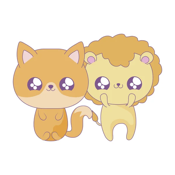 Lion mignon avec renard bébé animaux style kawaii — Image vectorielle